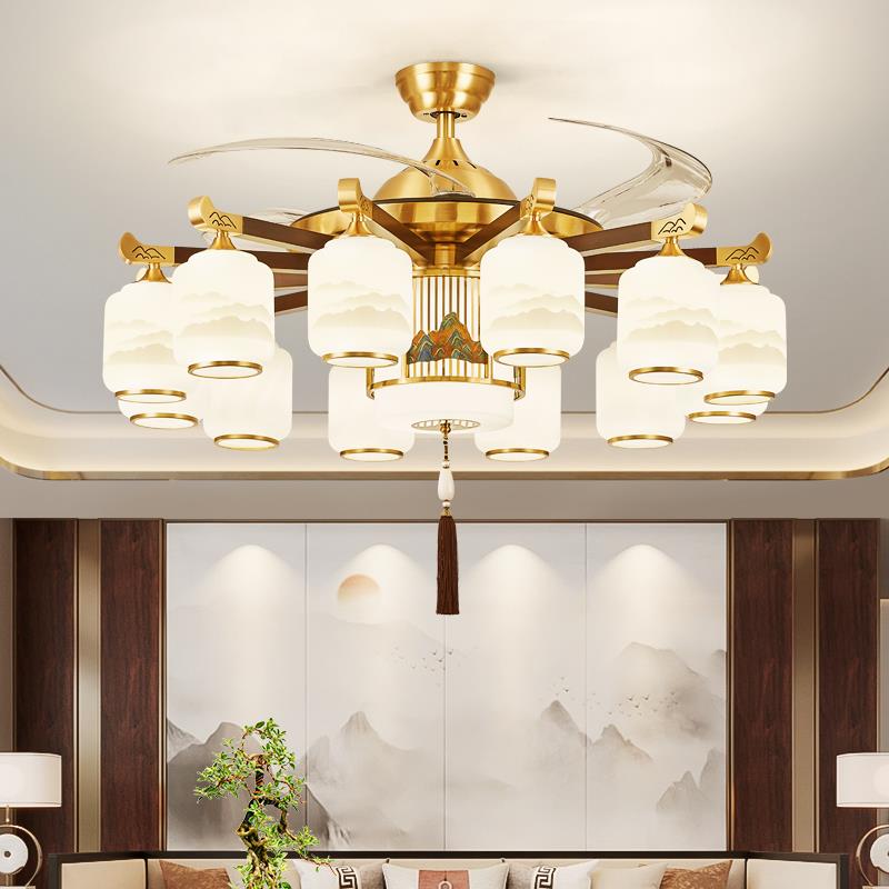 新中式全铜风扇吊灯客厅灯现代中式别墅卧室餐厅实木隐形风扇灯具