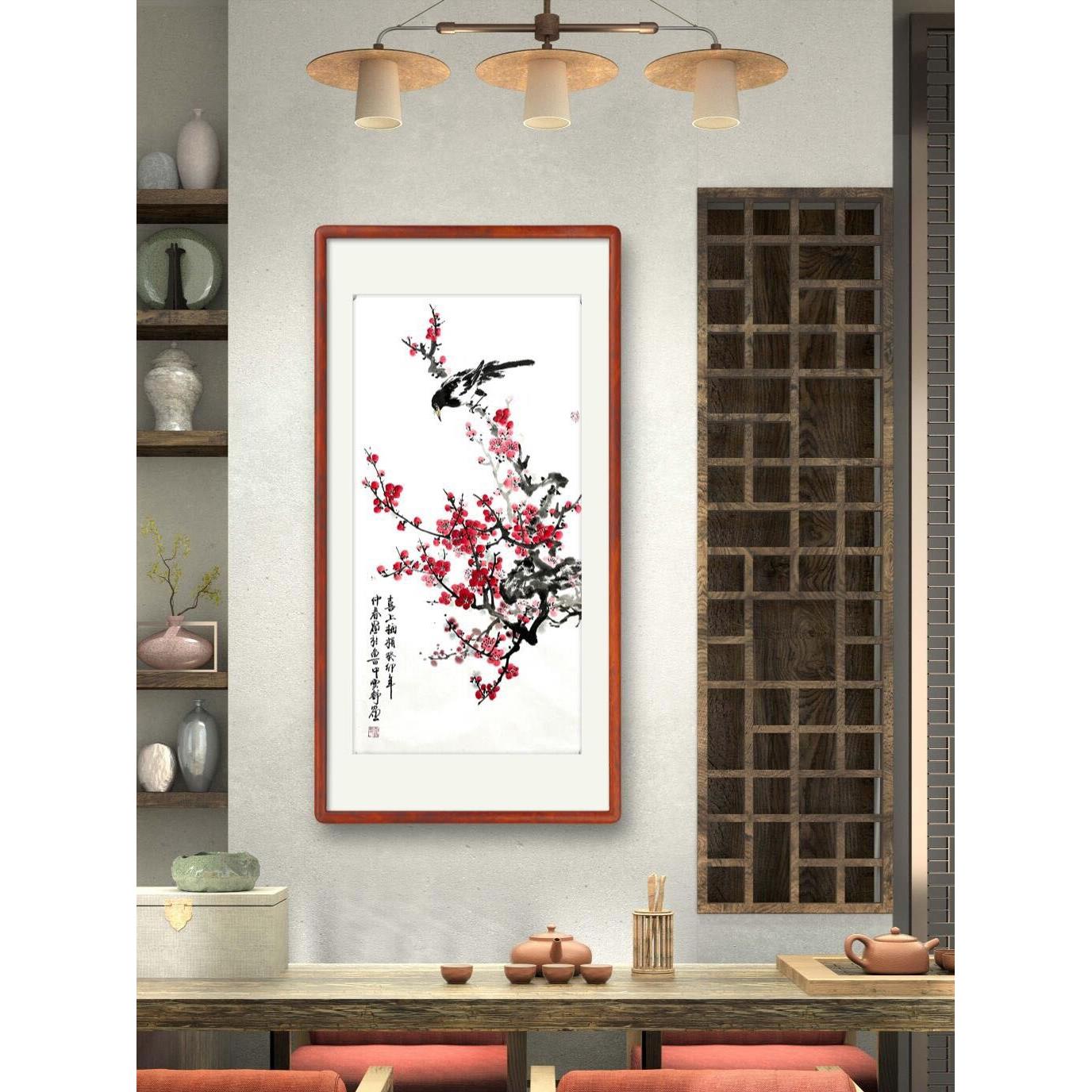 新中式国画梅花图客厅装饰字画水墨画喜上眉梢竖幅手绘花鸟画装裱