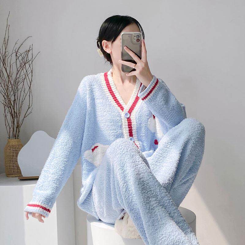 珊瑚绒睡衣女秋冬季加绒加厚半边绒甜美可爱冬天可外穿家居服套装