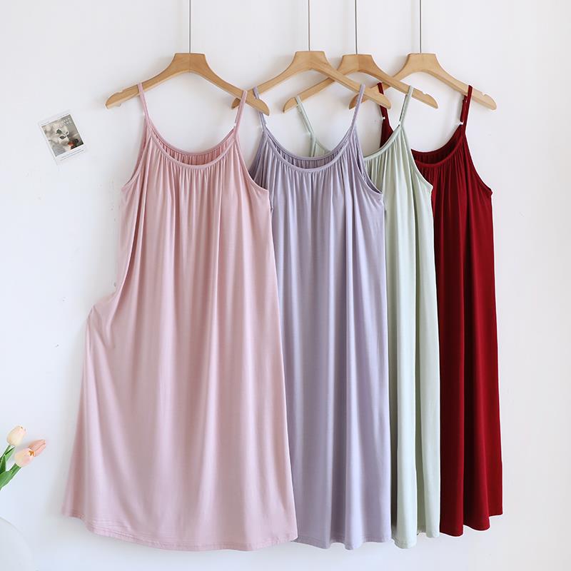 莫代尔带胸垫吊带背心裙睡衣连衣裙女夏季睡裙宽松大码孕妇裙长裙