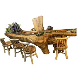 香樟实木异形新型高端原木风茶几生态茶台景观养鱼流水茶桌椅组合