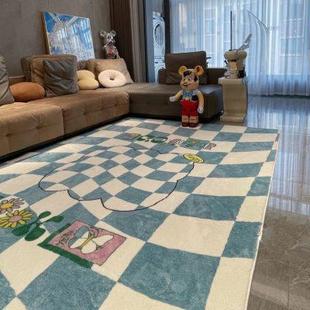 棋盘格地毯客厅茶几卧室少女床边毯ins风房间绿黑白格子满铺地垫