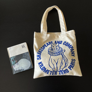 法国莎士比亚书店周边手绘猫咪图案迷你手拎袋帆布环保袋手提包