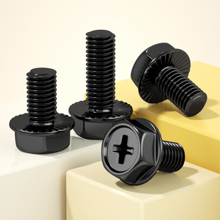 不锈钢304黑色十字法兰面带垫螺丝外六角螺栓防滑带垫花齿纹螺钉