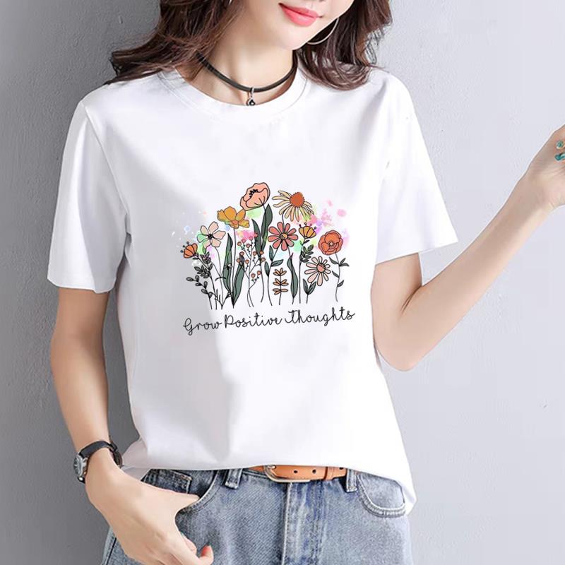 花朵运动个性通勤网红休闲女ins夏季印花打底衫韩版短袖圆领T恤