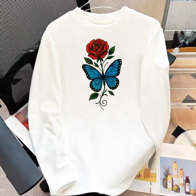 蝴蝶花朵时尚长袖上衣通勤潮洋气休闲印花女ins春秋冬季圆领T恤