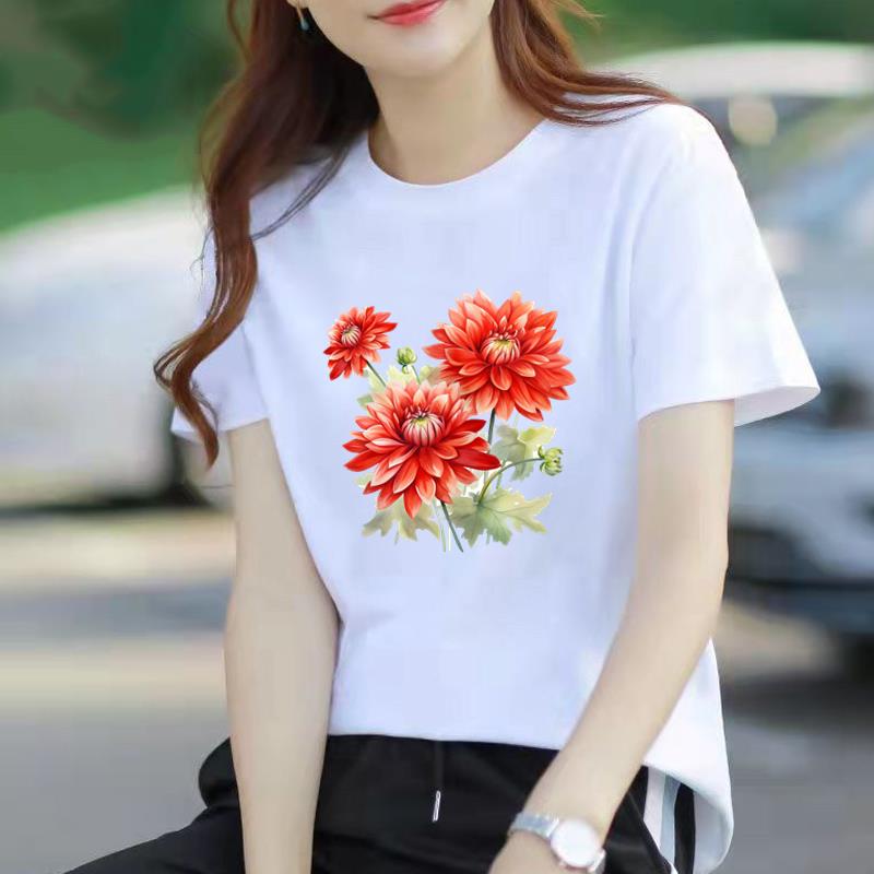 夏季短袖流行网红时尚印花休闲上衣爆款百搭白色女通勤ins圆领T恤
