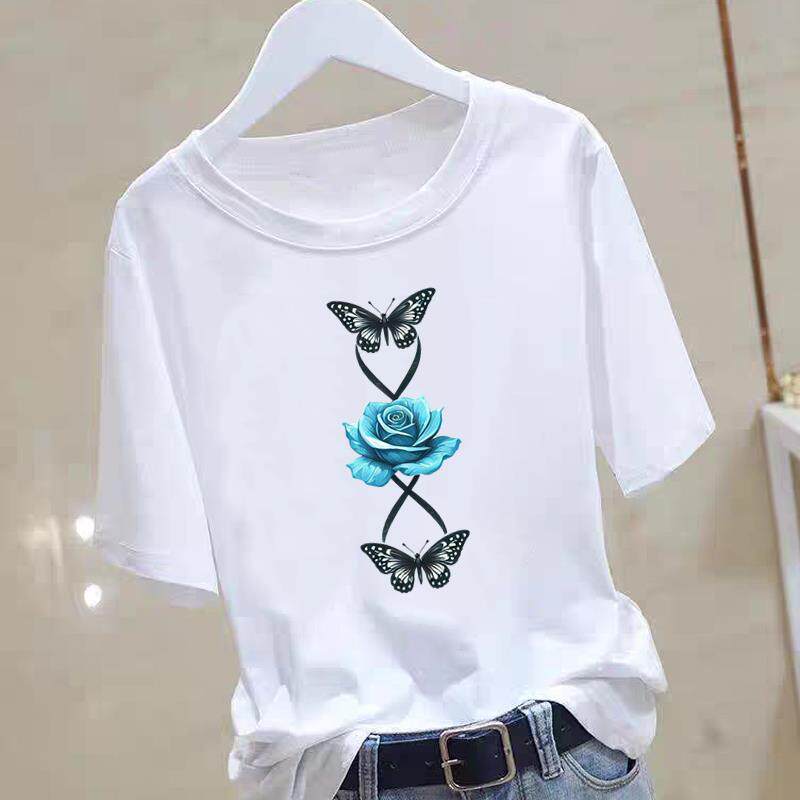 通勤夏季上衣洋气时尚印花打底衫网红女ins百搭女装圆领短袖T恤