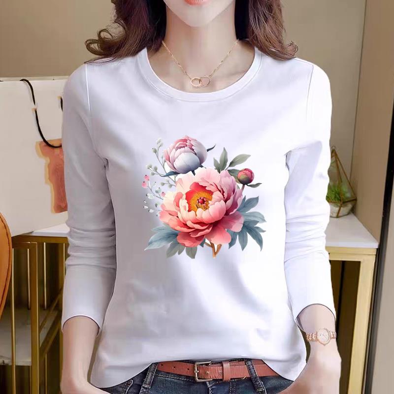 个性花朵女通勤洋气休闲印花ins气质时尚长袖春秋冬季可爱圆领T恤