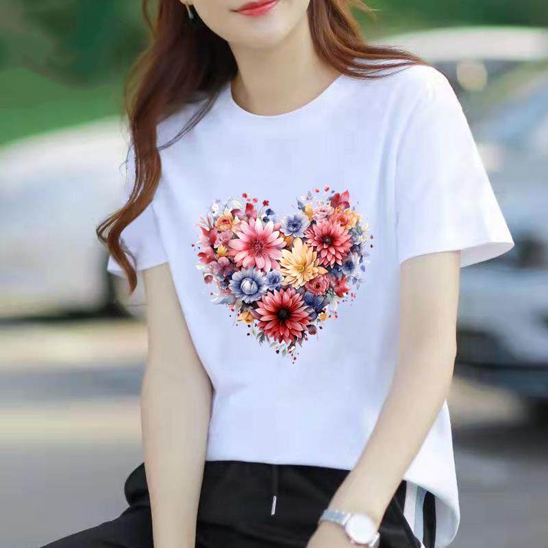 流行网红休闲打底衫女通勤个性ins上衣印花短袖爱心可爱圆领T恤