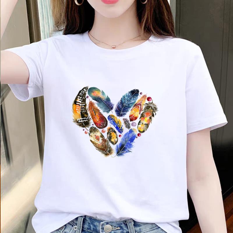 羽毛可爱时尚网红印花打底衫流行爆款女通勤显瘦ins短袖圆领T恤