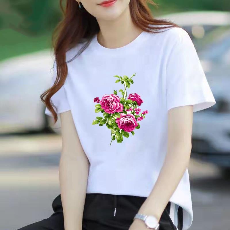 夏季短袖流行网红时尚印花休闲上衣爆款女通勤ins气质白色圆领T恤