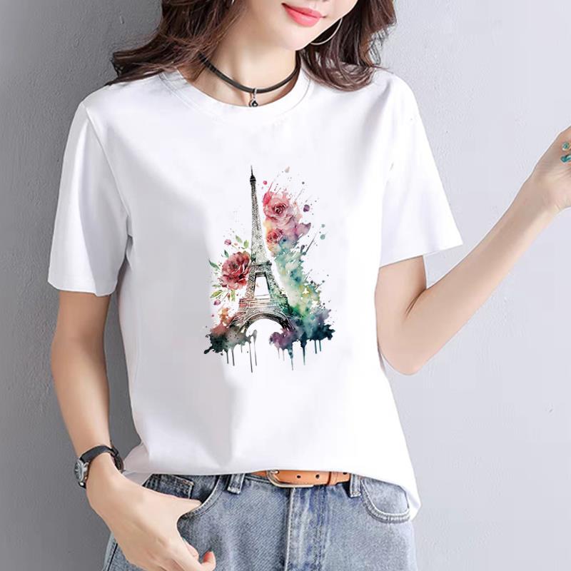 气质淑女印花打底衫流行时尚网红爆款女通勤显瘦ins短袖圆领T恤