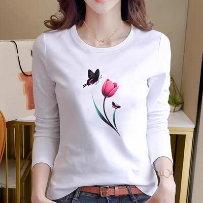 花朵文艺女通勤洋气休闲印花ins气质时尚长袖春秋冬季可爱圆领T恤
