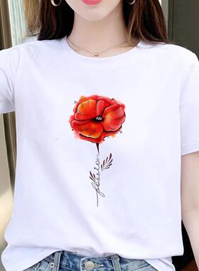 夏季短袖流行网红时尚印花休闲上衣女通勤ins打底衫可爱圆领T恤