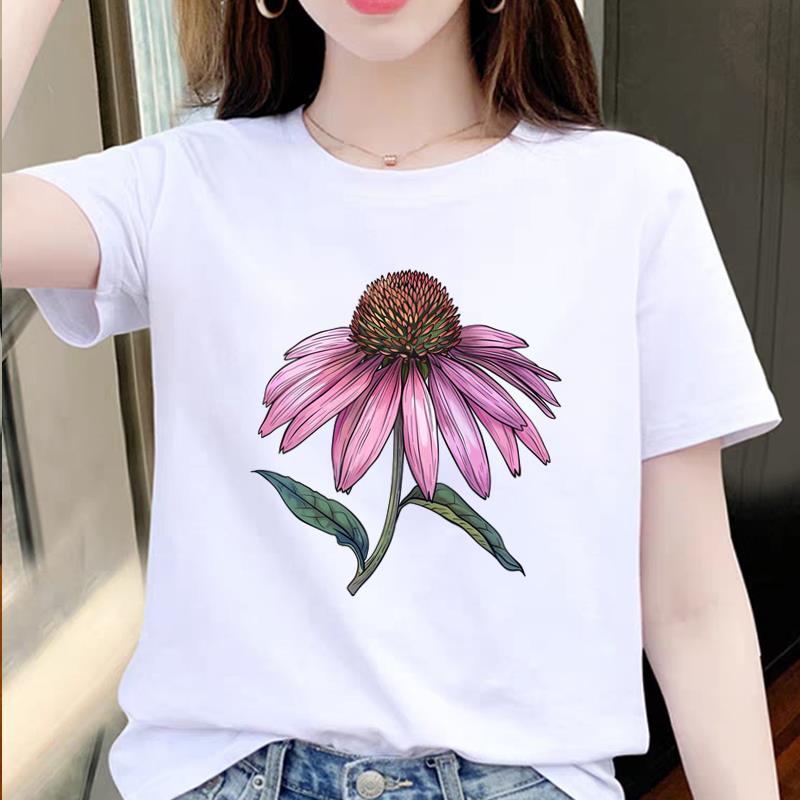 爆款女韩版洋气上衣网红通勤ins夏季法式白色印花短袖潮圆领T恤