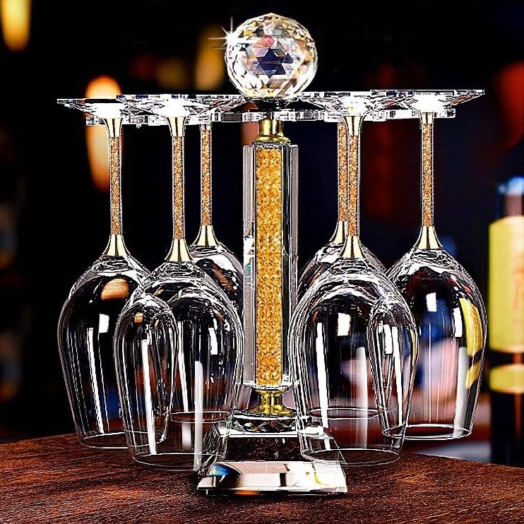 直销档金色红酒杯套装钻石旋转描金醒酒器水晶脚杯家用6支装杯架