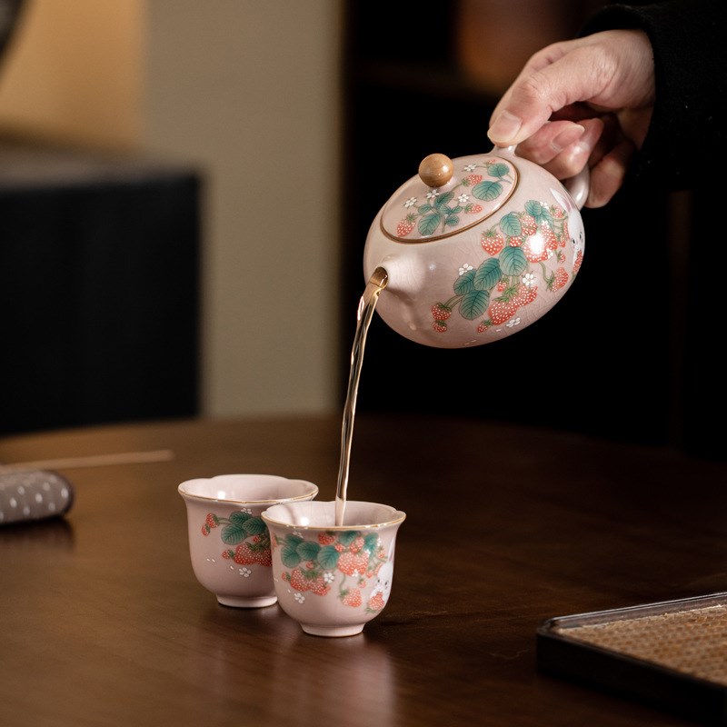 粉色汝窑草莓兔西施壶功夫茶具一壶E两杯套组家用开片泡茶壶单壶