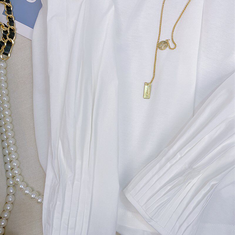 白色压褶灯笼袖T恤女秋季2025新款设计感宽松长袖内搭打底衫上衣