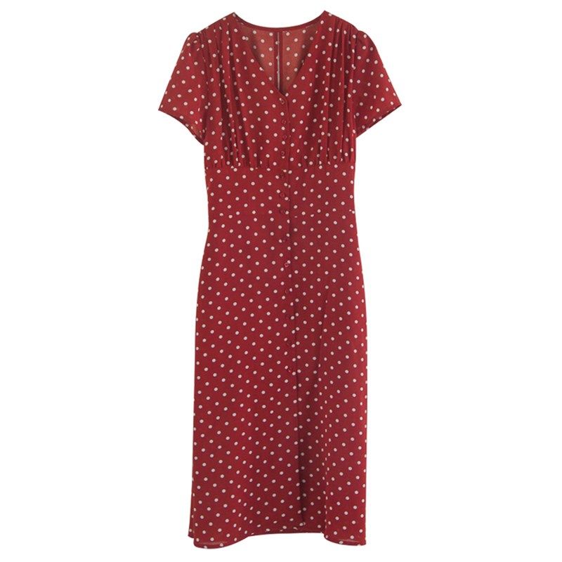 高端法式复古v领雪纺波点茶歇裙女红色高级感中长款a字连衣裙夏季