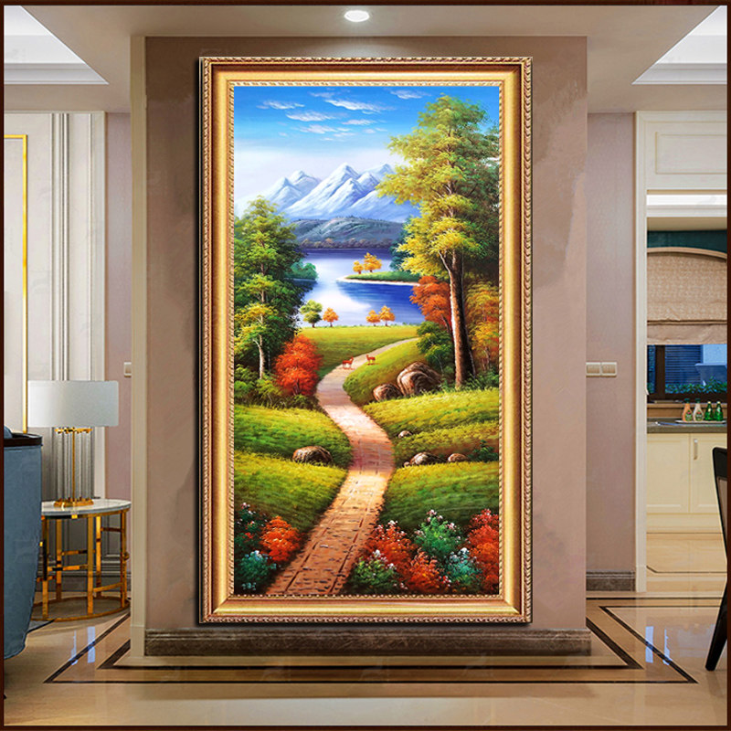 纯手绘欧式风景油画玄关装饰画竖版对门走廊过道挂画客厅餐厅墙画