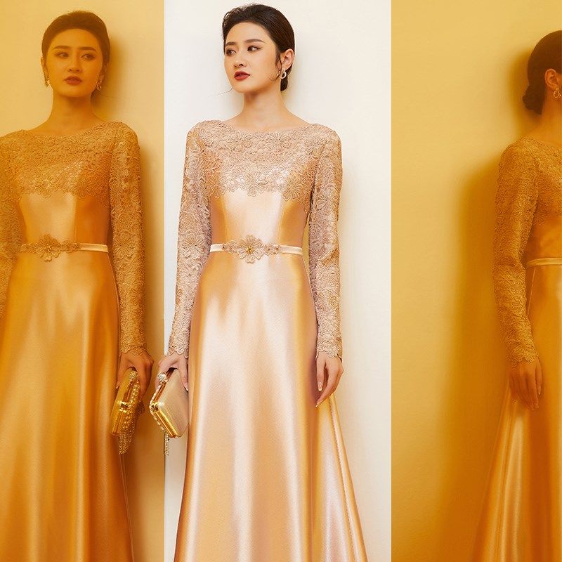 2024秋冬喜妈妈婚宴礼服结婚衣服婆婆装高档年会主持人长袖连衣裙