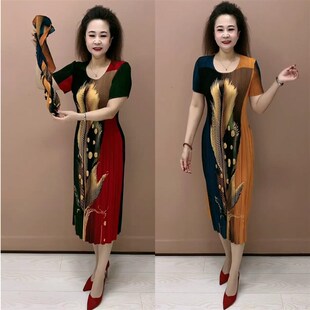 加肥加大码女装连衣裙2024夏季胖mm高弹短袖雪纺宽松中老年百褶裙