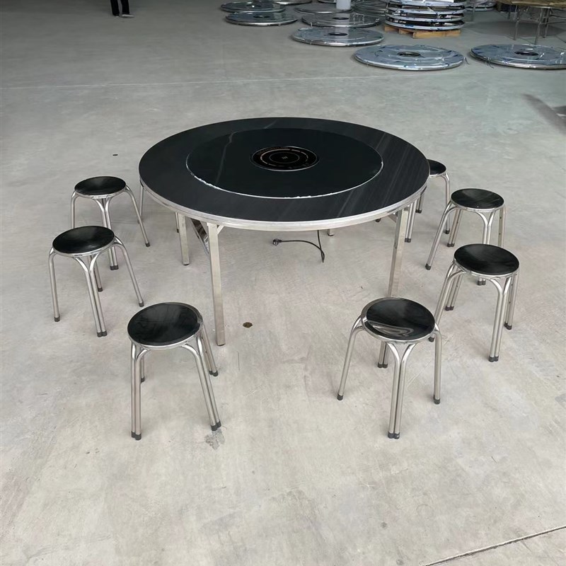 一体内折叠不锈钢火锅圆桌带内置转盘新型吃饭桌子简约工作台连体