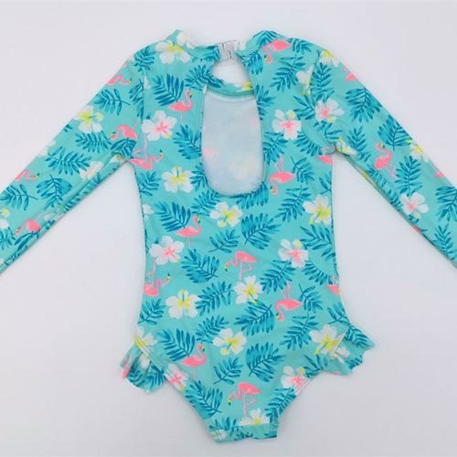 女童长袖连体脚口花边防晒泳衣