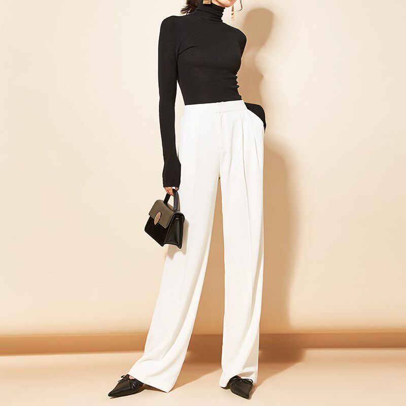 夏莫卡防透白色阔腿裤加长版老钱风裤子女显瘦长裤垂感西装裤371