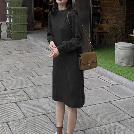 春秋冬新款小个子针织长袖洋装女宽松中长版百搭显瘦毛衣打底裙