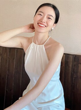 TANSSHOP串珠白色挂脖连衣裙领口长裙修身高腰A字裙摆简约轻婚纱