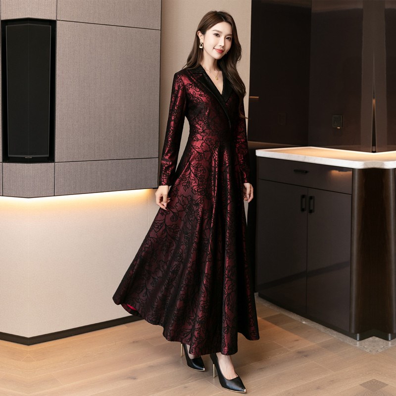复古气质西装领连衣裙女2023秋季新款时尚高端修身超长款过膝裙子