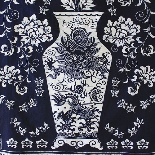 蜡染画富贵花瓶图案云南民族手工布艺蓝染布挂客厅卧室装饰隔断帘