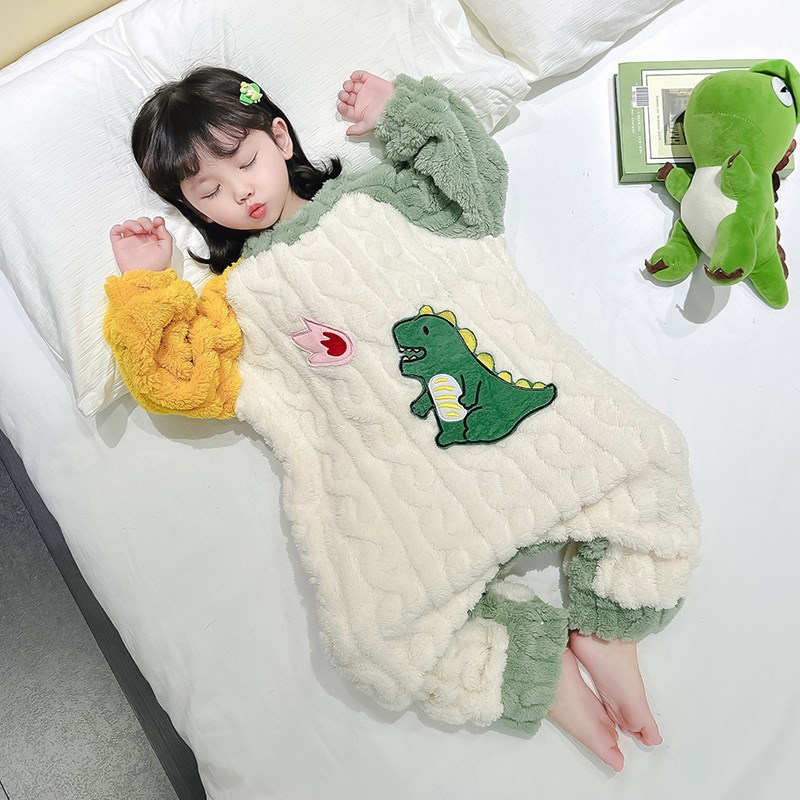 儿童连体睡衣珊瑚绒女宝宝冬季加绒加厚法兰绒爬服卡通婴幼儿睡袋