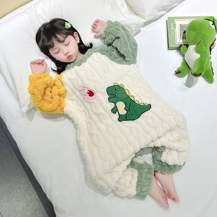 儿童连体睡衣珊瑚绒女宝宝冬季加绒加厚法兰绒爬服卡通婴幼儿睡袋
