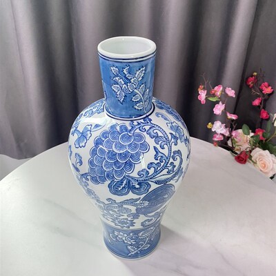 手绘龙纹淡青花瓷花瓶花器摆件玄关客厅书房新中式摆件插花落地瓶