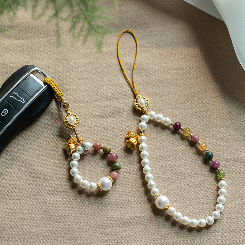 朴房天然碧玺珍珠手机链女2024年新款防丢挂绳腕带高档手机挂件饰