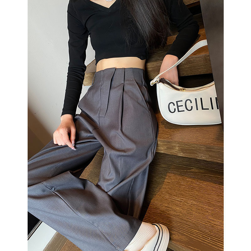 灰色西装裤女春秋冬季高腰高级感垂感直筒显瘦西裤加长拖地阔腿裤