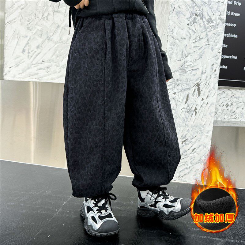 女童豹纹加绒牛仔裤2024新款儿童裤子秋冬季加厚中大童女孩休闲裤