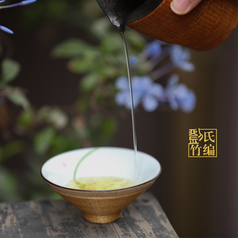 刘氏竹编竹丝扣瓷手工手绘粗陶斗笠杯主人杯品茗杯特色伴手礼品