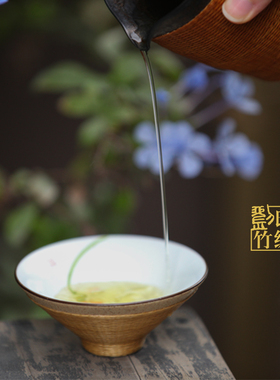 刘氏竹编竹丝扣瓷手工手绘粗陶斗笠杯主人杯品茗杯特色伴手礼品