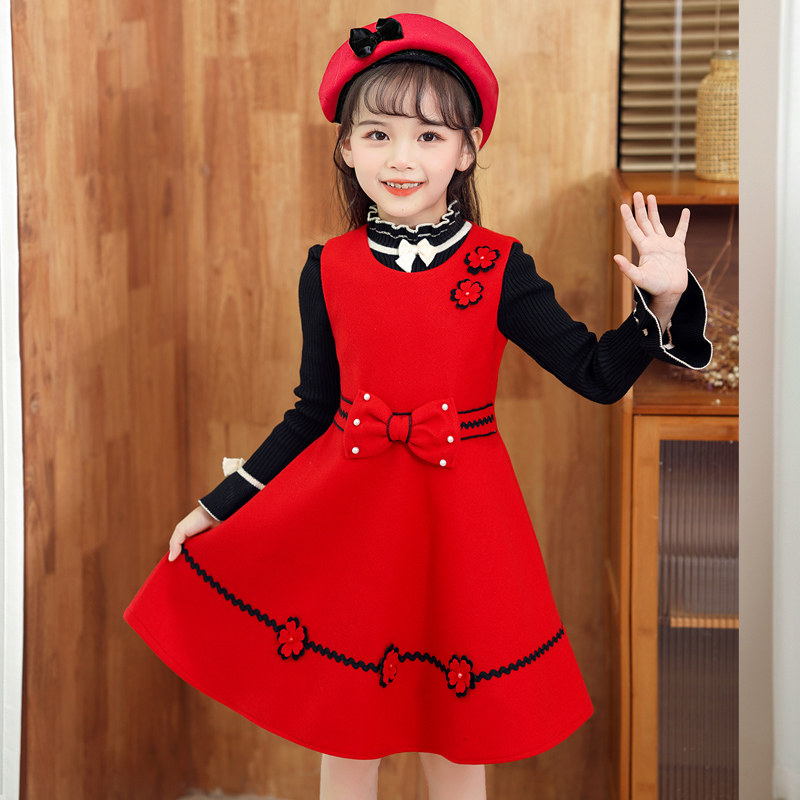 女童套装春秋2023新款女孩连衣裙儿童公主裙毛呢背心裙冬装两件套