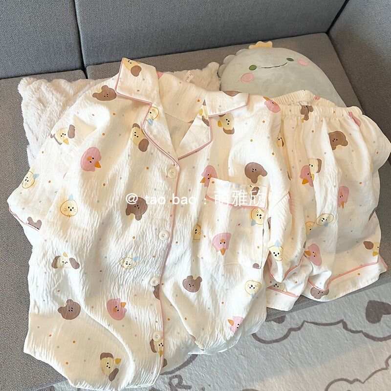 彩色小狗睡衣女款夏季云朵棉短袖短裤套装卡通可爱开衫薄款家居服