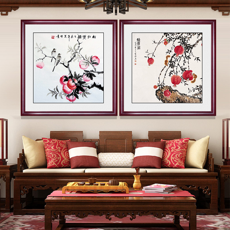 新中式石榴图餐厅装饰画硕果累累客厅玄关背景墙挂画水果饭厅壁画