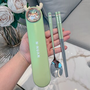 高颜值便携餐具收纳盒上班族304不锈钢三件套筷子勺子套装一人用