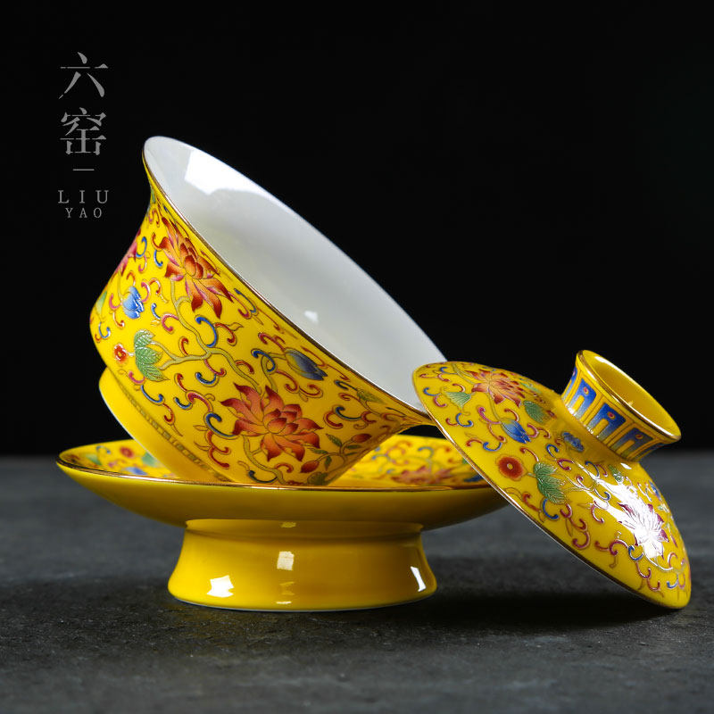 珐琅彩盖碗茶杯三才泡茶具特大号陶瓷古代300ml单个八宝茶碗带盖