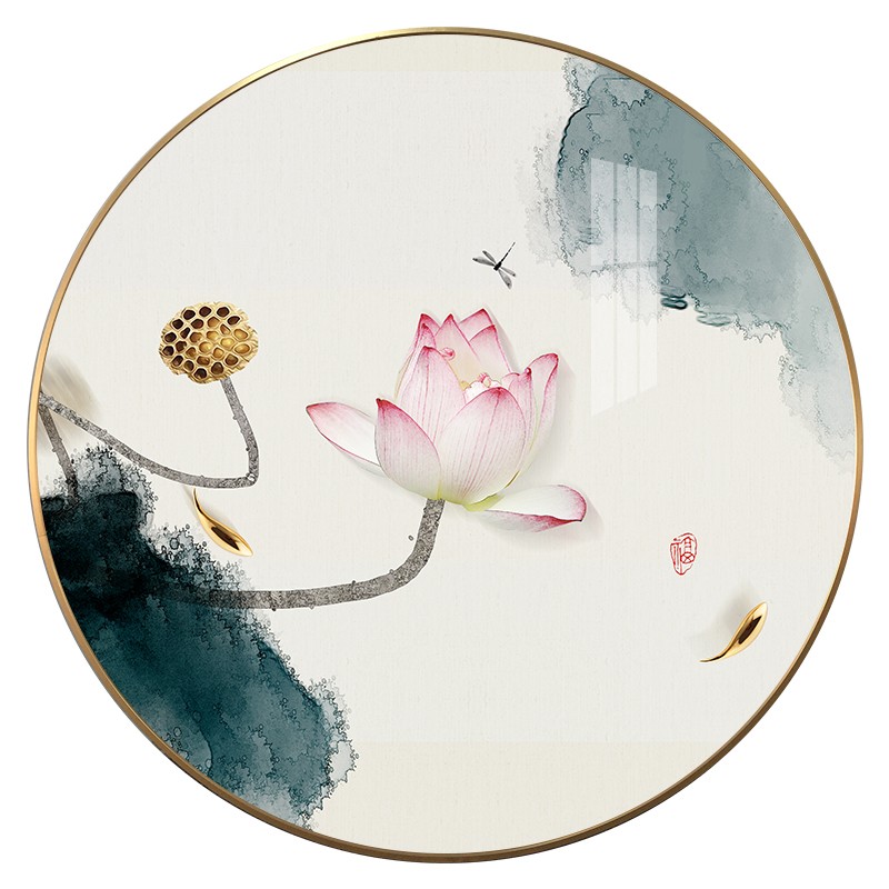 带灯发光圆形装饰画定制挂画新墙画中式玄关客厅轻奢墙壁画框墙面