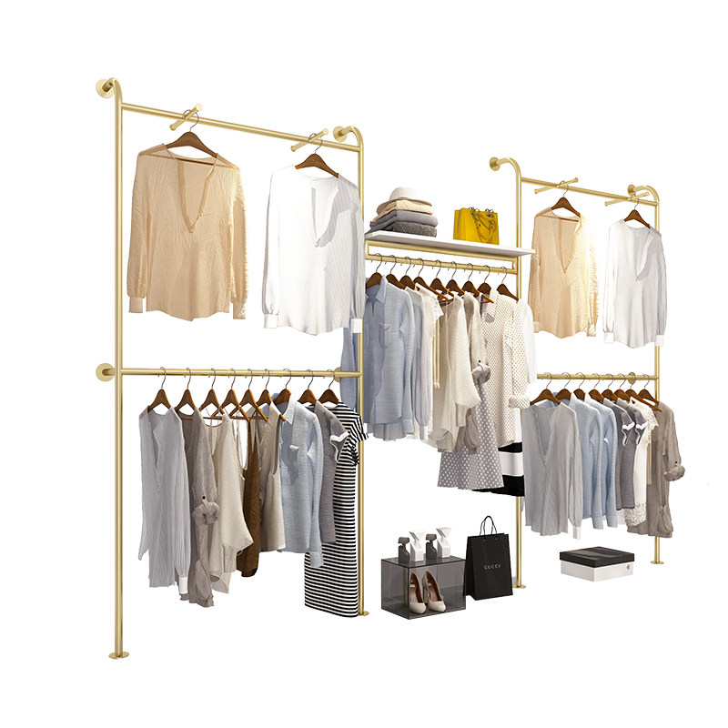 服装店展示架上墙陈列架女装货架睡衣店金色挂衣架双层衣服高架子图片