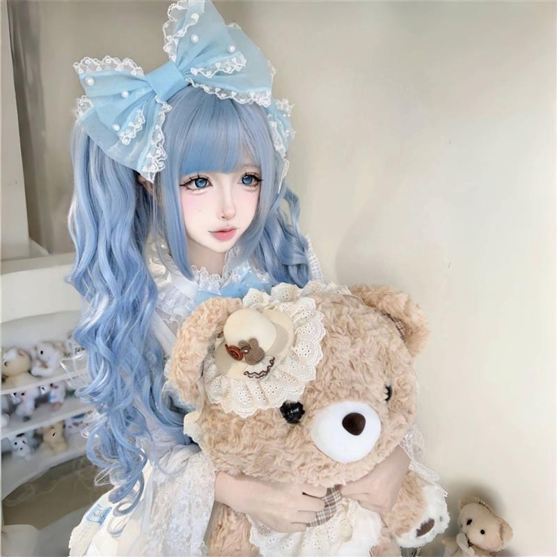 新款 冰蓝色假发早古姬系Lolita虎口夹双马尾 冰蓝色日常长卷发